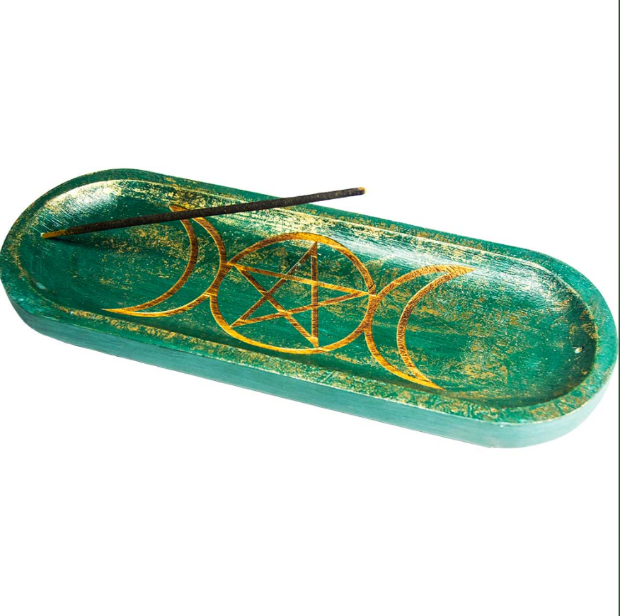Mango Wood Incense Holder - Triple Moon Green