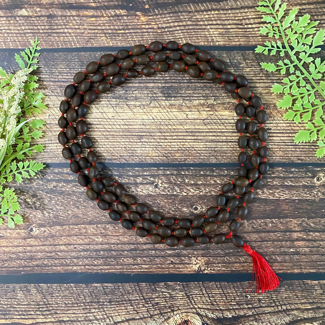 Dark Lotus Seed w/Red Tassel Mala Prayer Beads