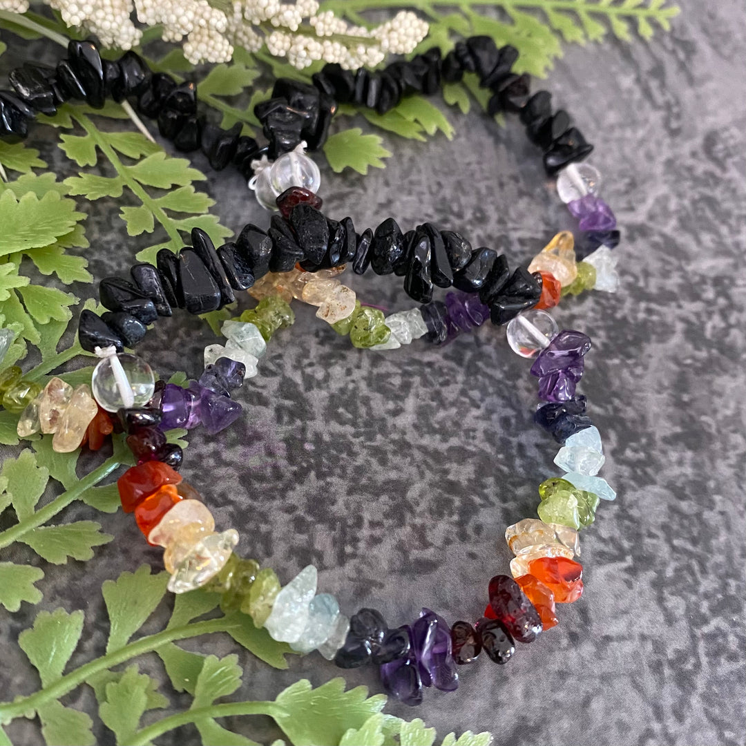 Chakra Gemstone Chips with Black Tourmaline Bracelet