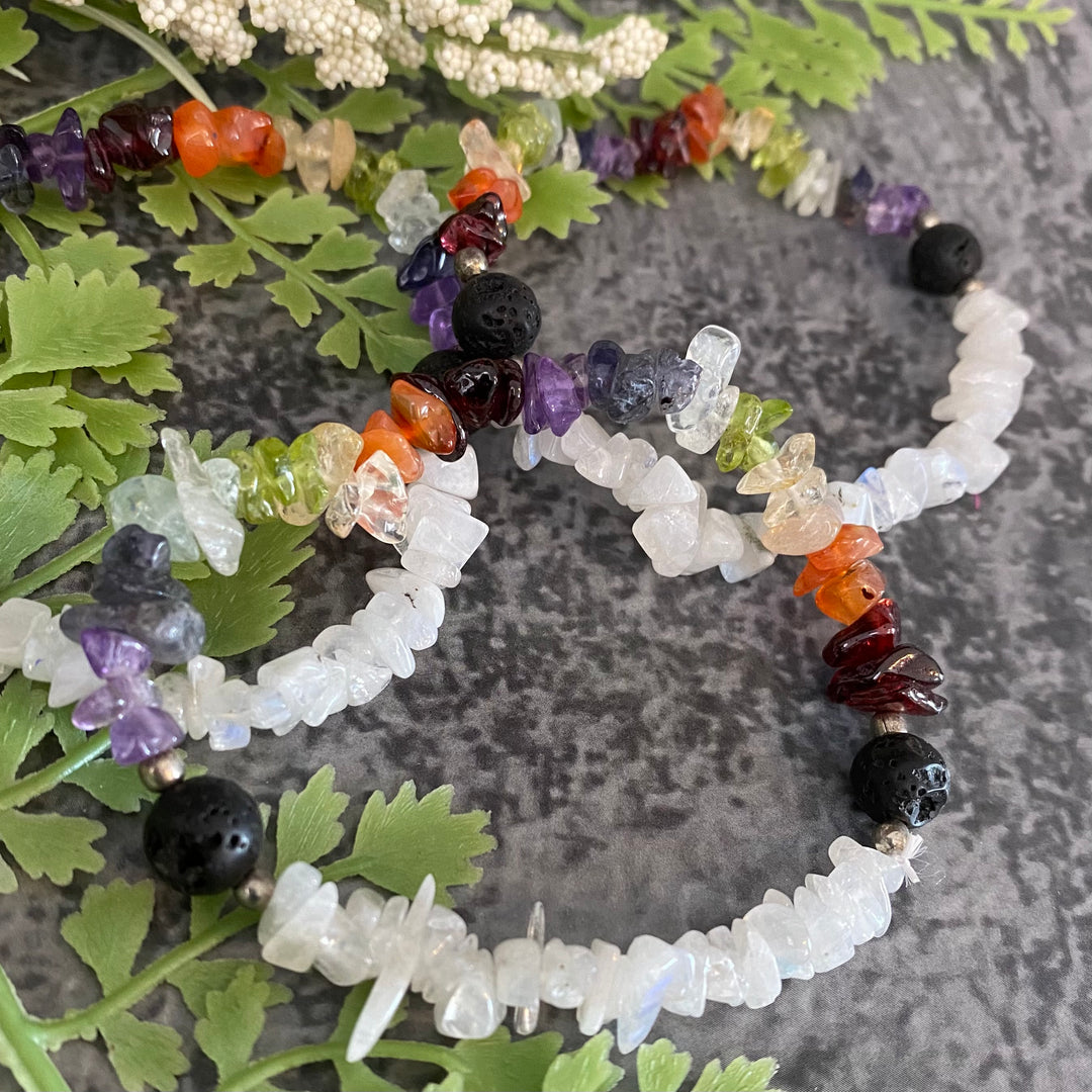 Chakra Gemstone Chips with Moonstone and Lava Stone Bracelet