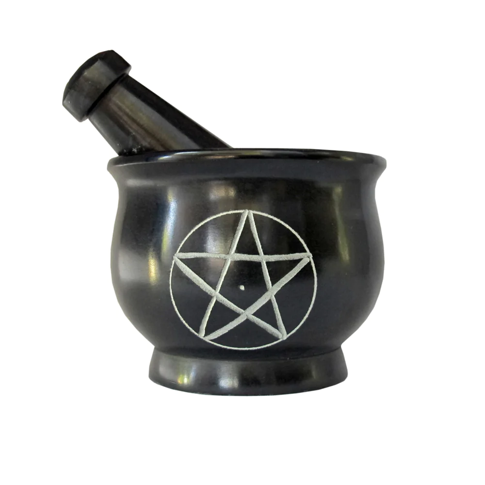 Black Soapstone Pentacle Mortar and Pestle 4"