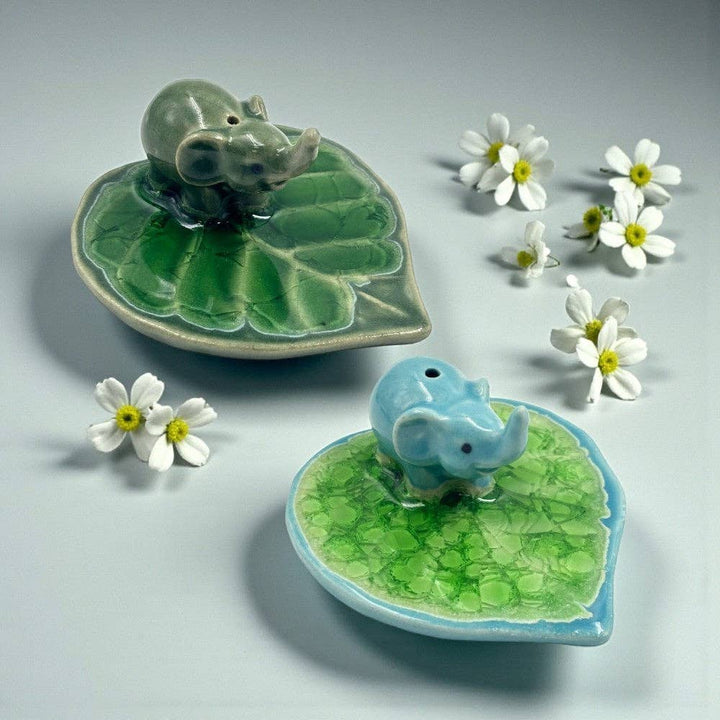 Elephant on Leaf Ceramic Incense Holder
