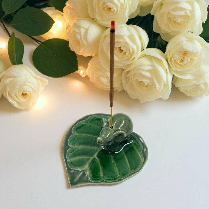 Elephant on Leaf Ceramic Incense Holder