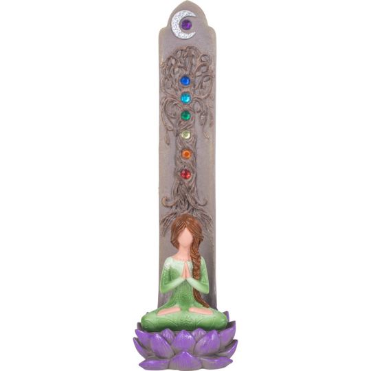 Polyresin Incense Holder - Yoga Goddess w/ Chakra Gems