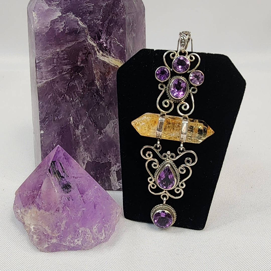 Ornate Citrine and Amethyst Pendant SS  -JC290