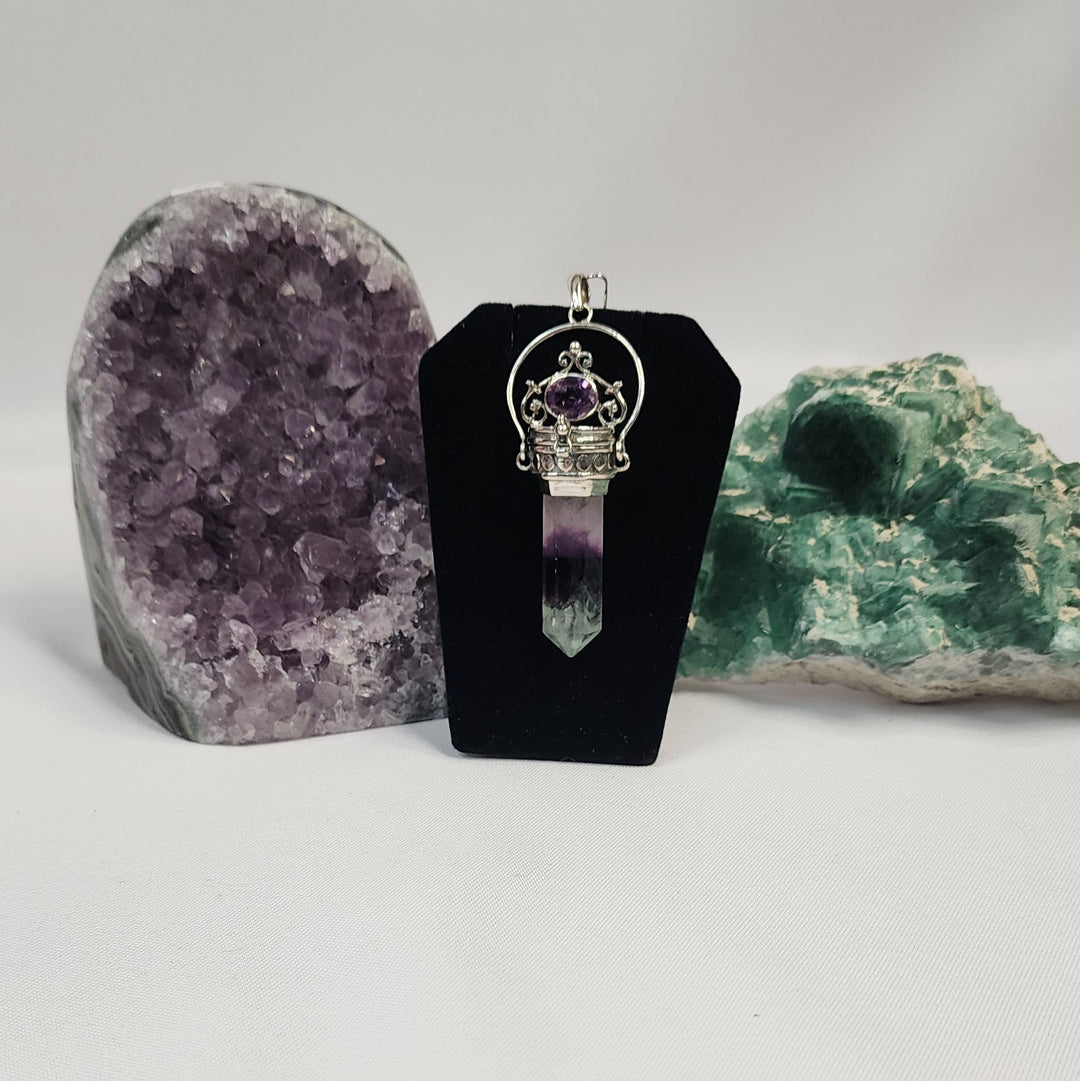 Fluorite and Amethyst Pendant SS  -JC287
