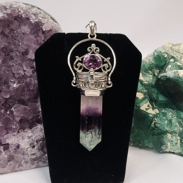 Fluorite and Amethyst Pendant SS  -JC287