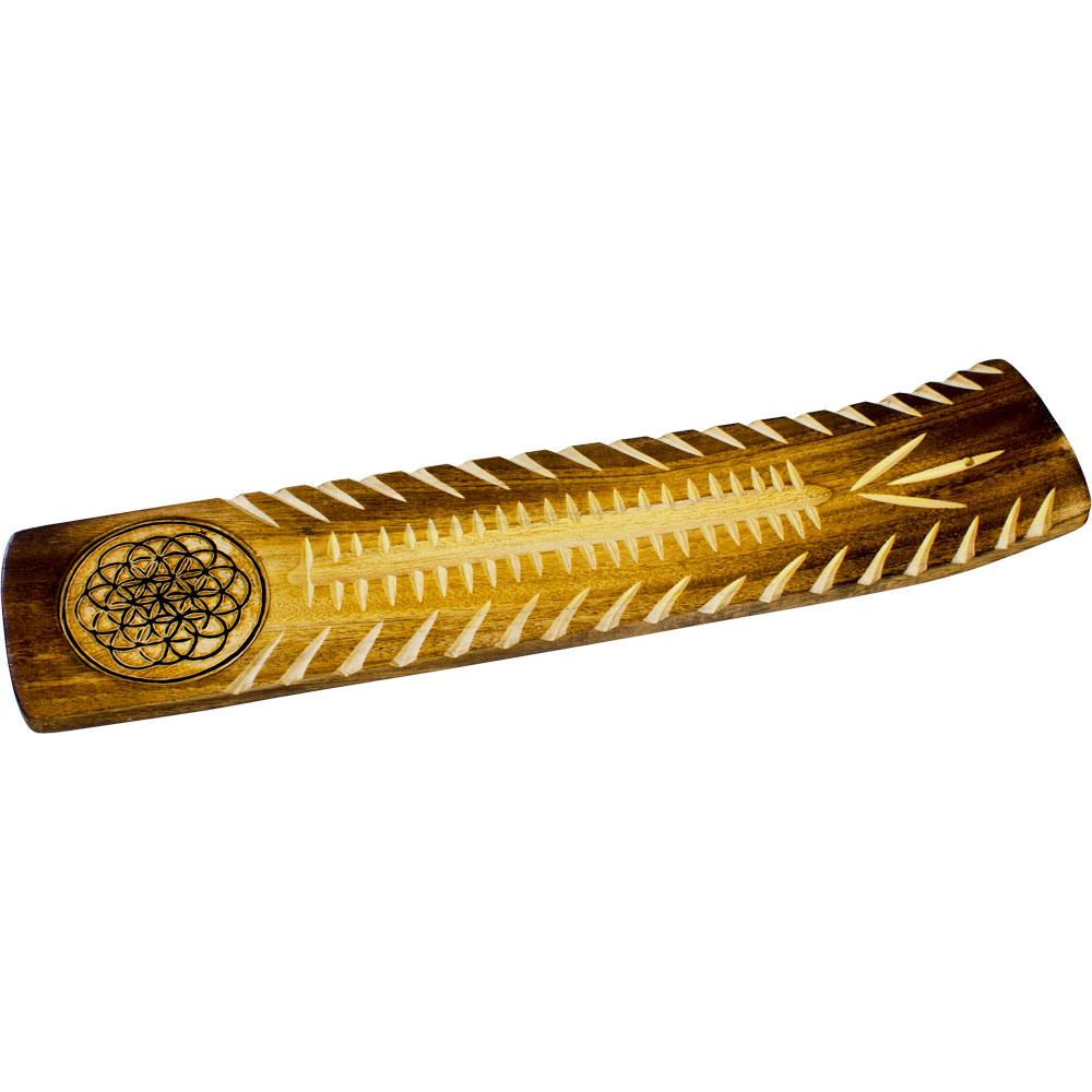 Wide Engraved Wood Incense Holder