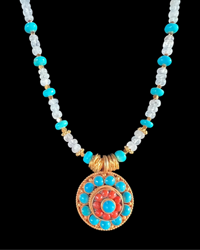 Tibetan Pendant w/Turquoise- Coral &R Rainbow Moonstone -TS-21