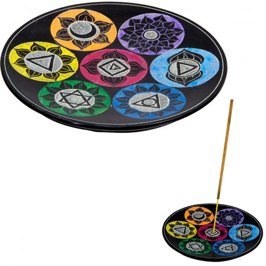 Black Soapstone Round Incense Holders 5" - Chakra Symbols