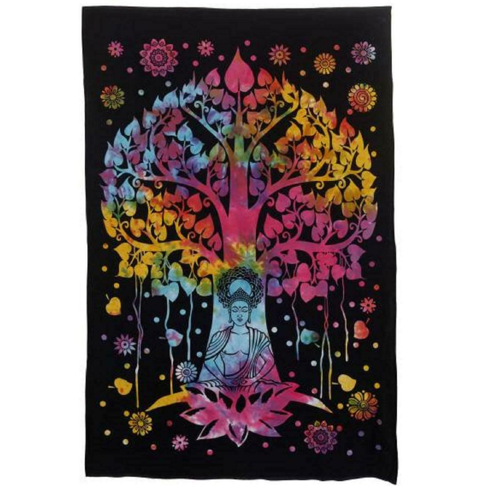 Buddha under tree Cotton Tapestry Black with Tie Die color 72" x 108" (T21)