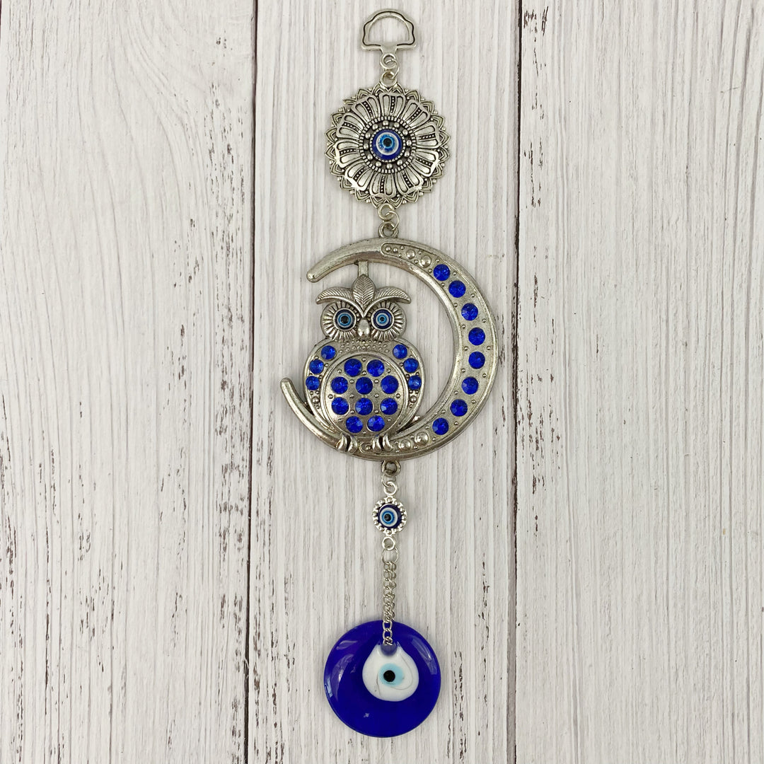 Owl on Moon Evil Eye wall hanging