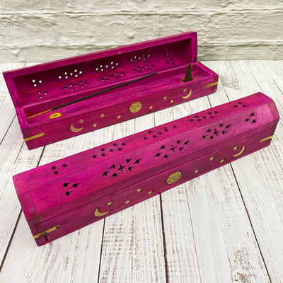 Pink Celestial Wood Incense Box Burner 12"L