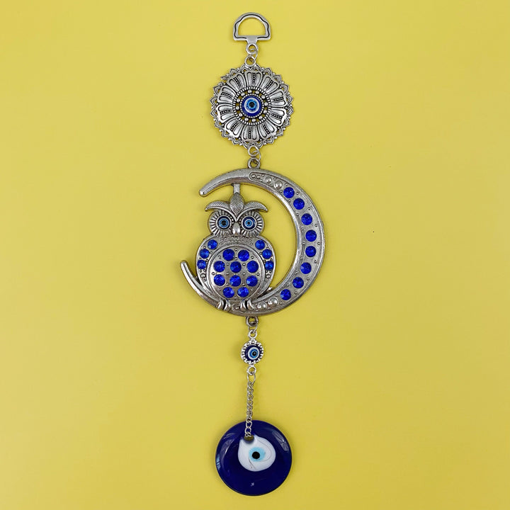 Owl on Moon Evil Eye wall hanging