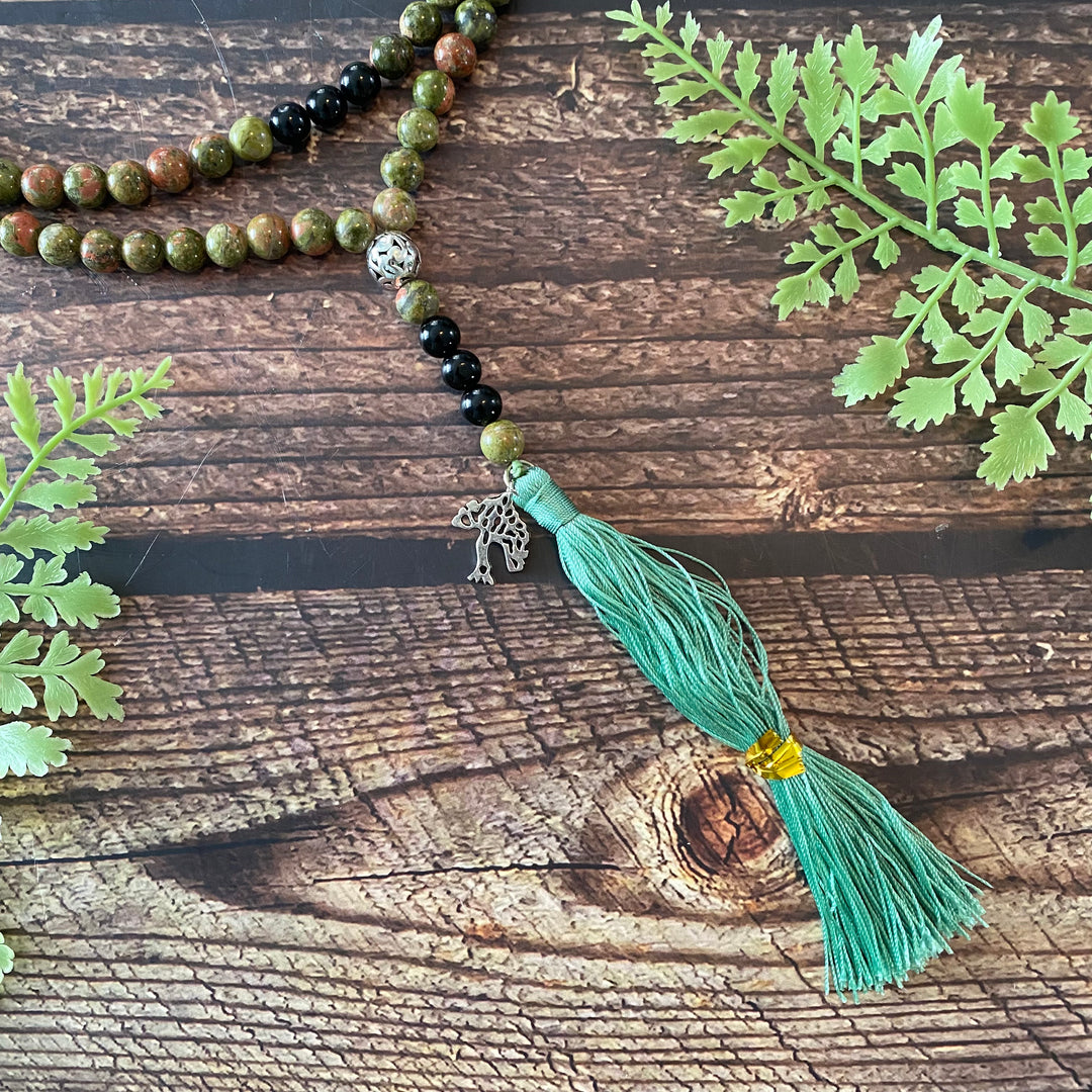 Unakite Black Onyx Tree of Life Mala Beads