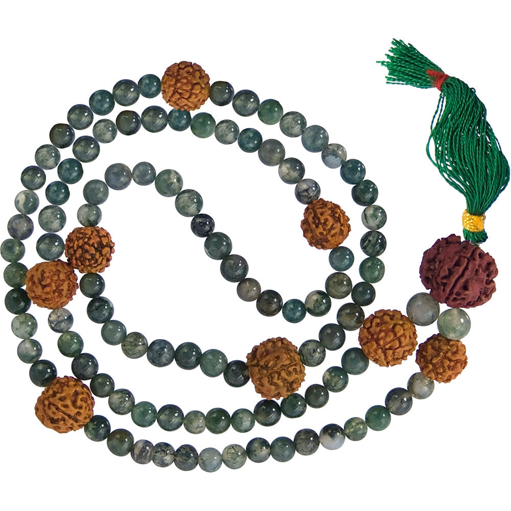 Rudraskha Seeds & Moss Agate Mala Prayer Beads